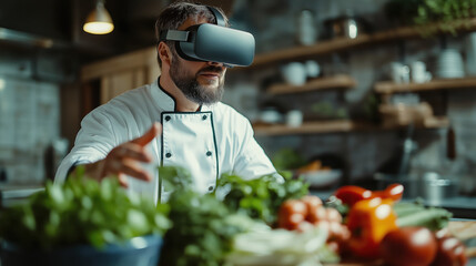 Chef exploring virtual reality cuisine with fresh vegetables in modern kitchen