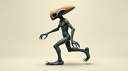Depict an alien in an extraterrestrial mockup, with elongated limbs and unique gestures, moving gracefully with fluid movements, occasionally looking around.
