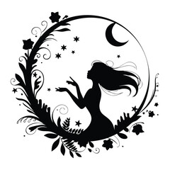 Moon Girls Celestial Girls Vector silhouette black and white isolated solid white background