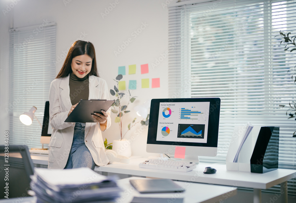 Poster professional employee reviewing financial graphs on monitor, recording findings with pen and notepad