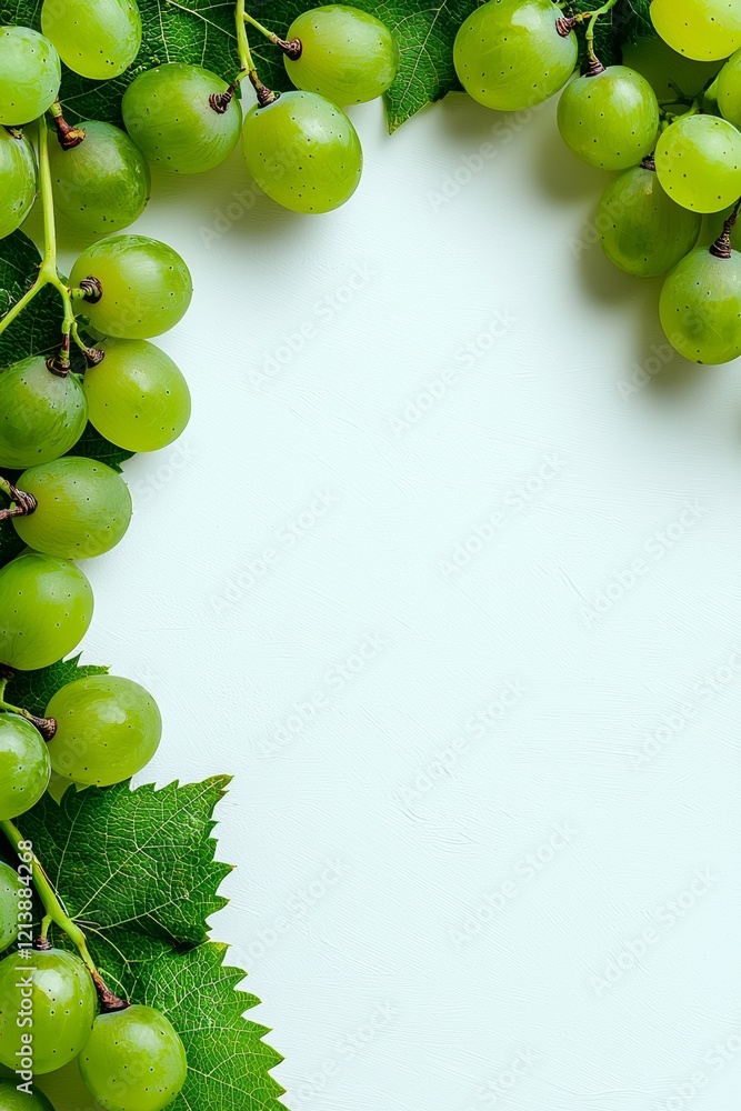 Poster bunch of green grapes are arranged in a row on a white background. the grapes are surrounded by leav