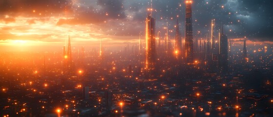 Fototapeta premium Futuristic Cityscape with Illuminated Skyscrapers and Glowing Traffic at Dramatic Dusk or Dawn