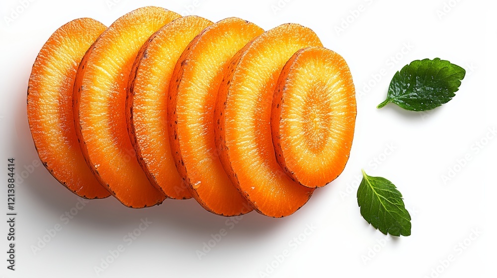 Poster pile of carrot slices with a leaf on top. the carrot slices are cut into thin pieces and arranged in