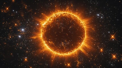 Obraz premium A circular nebula in space made up of the sun, with stars and galaxies surrounding it, glowing with orange energy radiating from its core
