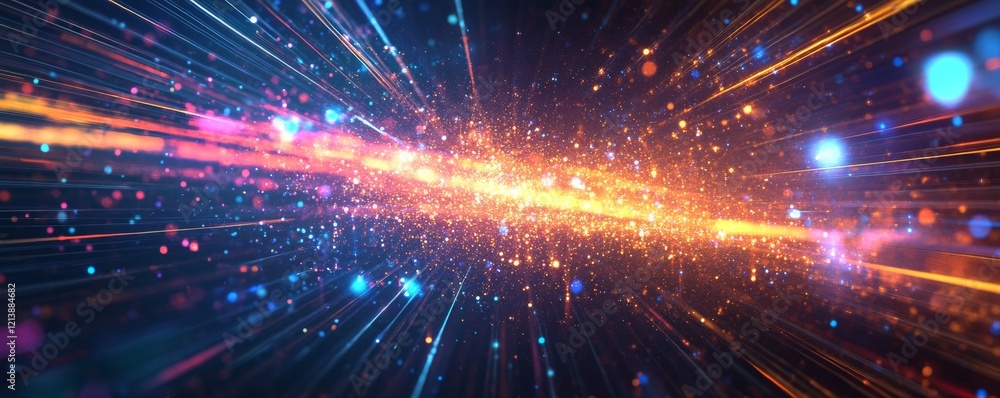 Fototapete Vivid light patterns convey a sense of speed in a digital tunnel during a futuristic journey
