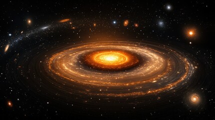A circular nebula in space made up of the sun, with stars and galaxies surrounding it, glowing with orange energy radiating from its core