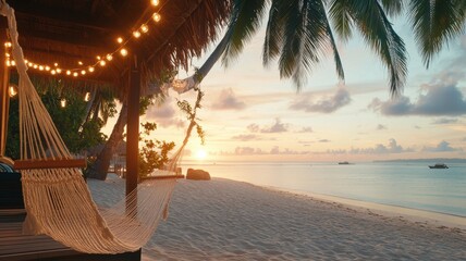 As golden sun rises over tropical beach, casting warm hues on soft sands and gentle waves.