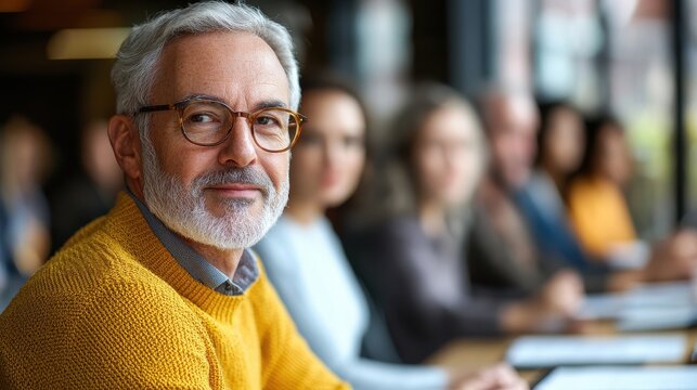 Smiling senior man in yellow sweater, glasses. Ideal for articles on aging, retirement, or business leadership.