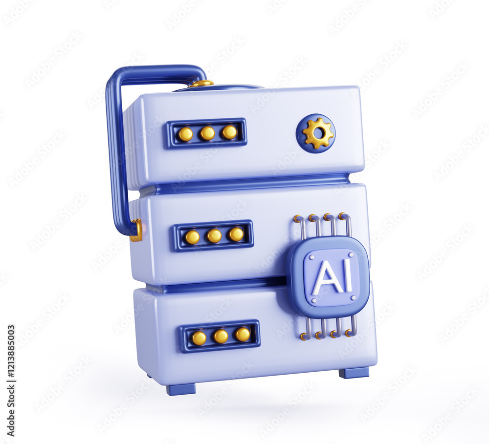 Fototapete 3d Artificial intelligence server with ai chip icon render. Virtual cloud gpu server for big data processing, neural network, machine learning, deep analytics and secure storage. 3D illustration