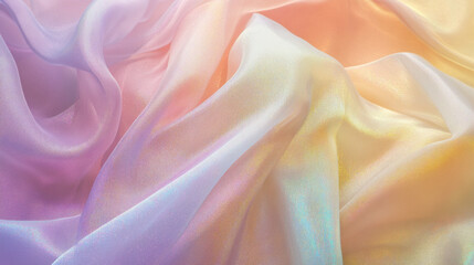 Obraz premium A flowing sea of holographic fabric, glowing with rainbow pastels and soft golden tones, rich folds and reflections catching soft twilight hues