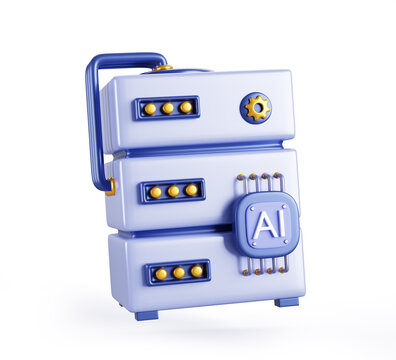 3d Artificial intelligence server with ai chip icon render. Virtual cloud gpu server for big data processing, neural network, machine learning, deep analytics and secure storage. 3D illustration