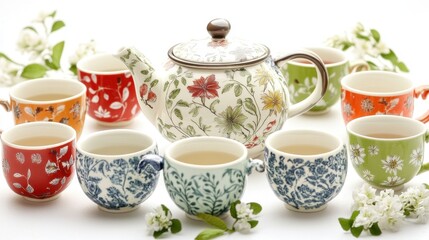 Elegant Teapot Surrounded by Colorful Cups of Tea with Floral Accents and Greenery