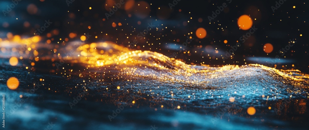 Poster sparkling golden particles create a mesmerizing background filled with shimmering lights at night..