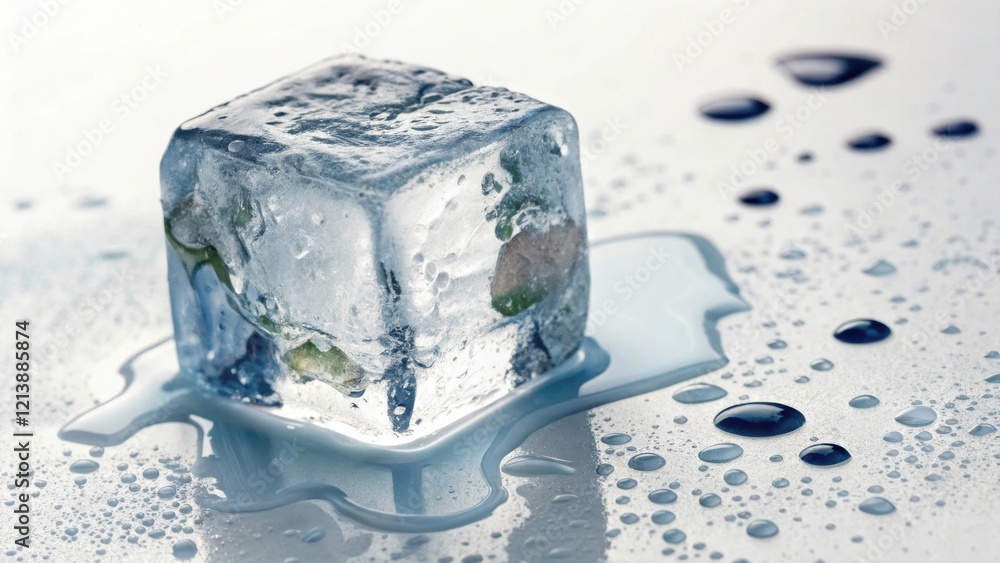 Poster A clear ice cube sits on a surface, melting and leaving droplets of water around it, creating a refreshing and cool visual effect.