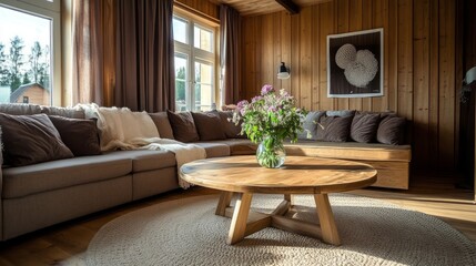 Scandinavian style country house interior design with modern living room. Round wooden table near the sofa, brown paneled wall.