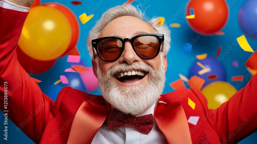 Poster man in a red suit and sunglasses is smiling and surrounded by colorful balloons. the image conveys a