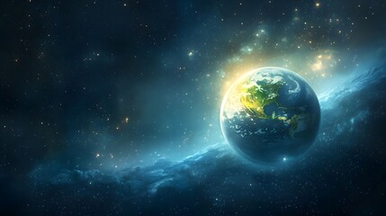 Obraz premium Serene and Vibrant Planet Earth Floating in Vast Cosmic Expanse with Glittering Galaxy