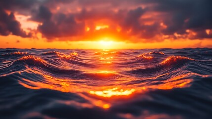 Fototapeta premium Fiery Sunset Reflecting On Ocean Waves