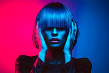 Short trim - blue hair. Commercial ad visual idea. Attractive calm mixed-race girl - for ads, marketing material and digital use. Artistic short haircuts. Elegant model concepts. Vibrant styl.