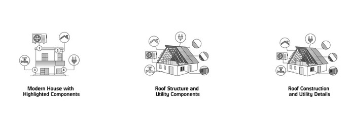 Residential Components Overview. Modern House with Highlighted Components, Roof Structure and Utility Components, Roof Construction and Utility Details