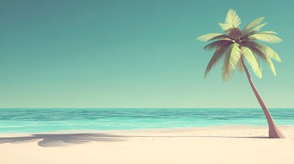 Obraz premium Tropical beach scene featuring a blue sky clear water and a young coconut palm tree on white sand Ideal for summer themed backgrounds