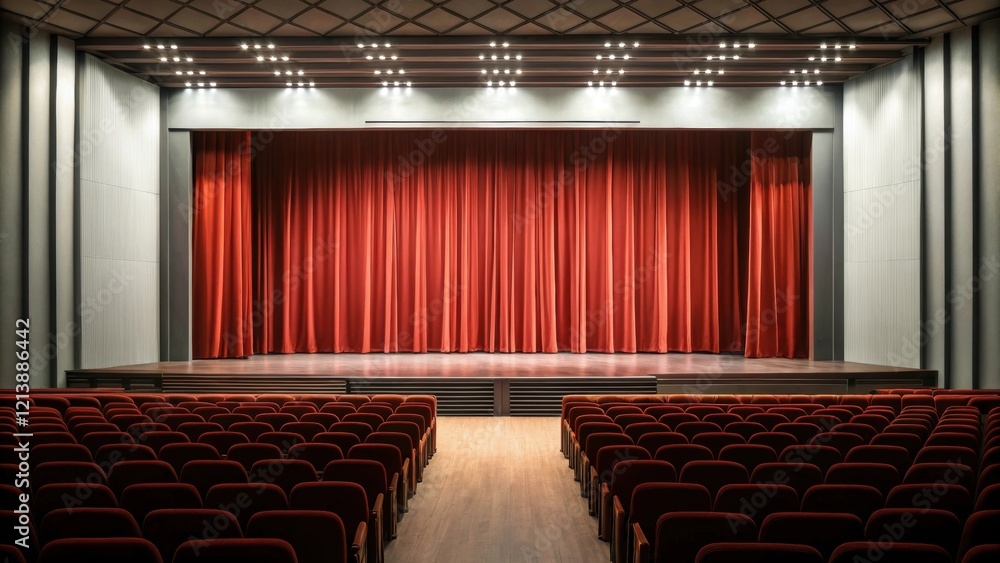 Poster a spacious theater with red curtains and rows of seating, ready for a performance or event, exuding 