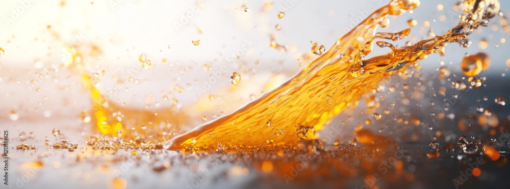 Poster circular splash of liquid creating a vibrant swirl resembling orange juice or oil with dynamic bubbl