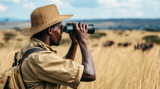 Fototapeta a safari guide with binoculars, observing animals in their natural habitat.