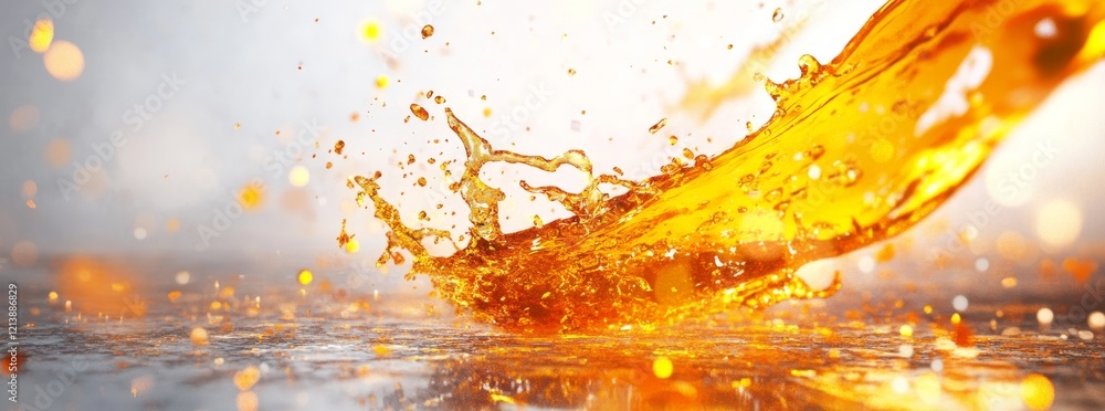 Poster circular splash of liquid creating a vibrant swirl resembling orange juice or oil with dynamic bubbl