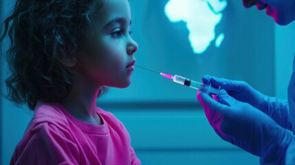 Fototapeta premium Global Health Pandemic Vaccination concept. Child Receiving Glowing Futuristic Vaccine With Holographic Medical Technology