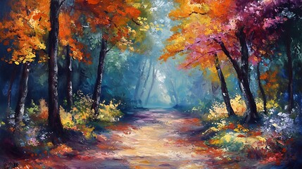 A serene forest path covered with autumn leaves and surrounded by colorful trees 