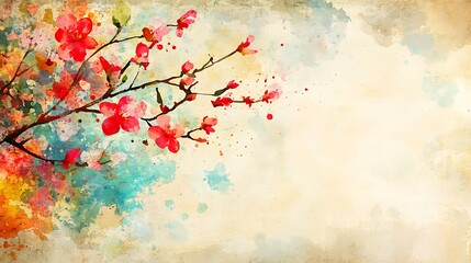 Watercolor Painting of a Branch with Red Blossoms