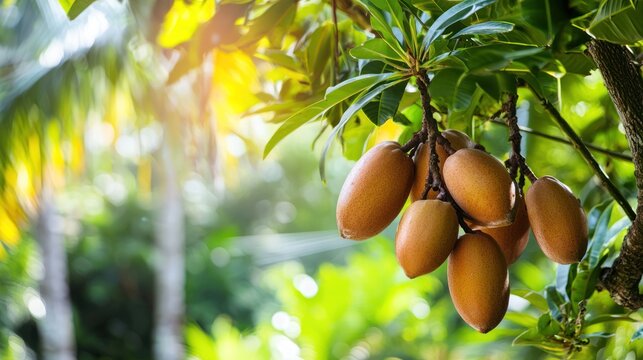 A sapodilla tree with ripe brown fruits hanging, set against a tropical background