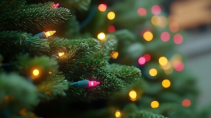 Festive Christmas Lights Adorn Evergreen Branches