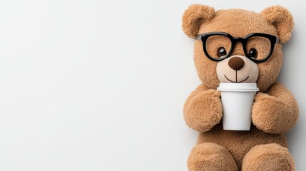 A teddy bear wearing glasses is holding a cup. Concept of warmth and comfort, as the teddy bear is a symbol of childhood and the cup represents a beverage, which is often associated with relaxation