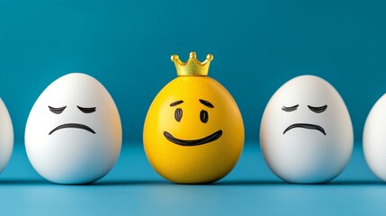 Fototapeta premium A yellow egg with a crown on top is surrounded by four other eggs, all of which are sad. The image conveys a message of positivity and happiness