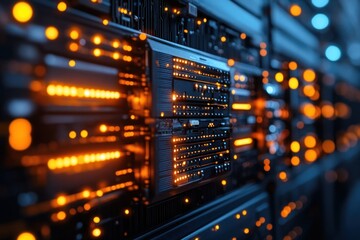 Data center with illuminated servers and technology