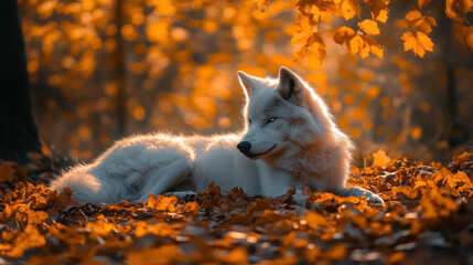 A serene white wolf resting beneath a canopy of vibrant autumn leaves, the sunlight casting dappled golden patterns on its fur, with swirling leaves caught in motion around it. Dynamic lighting
