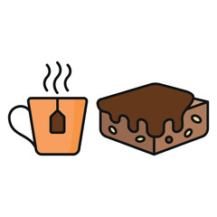 Tea mug drink and brownies food icons with a warm and comforting design