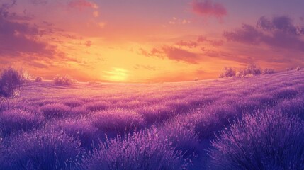 Obraz premium Lavender field at sunset with pink and orange sky and a few bushes minimal landscape