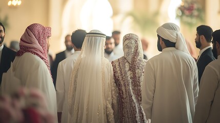 Bride and groom with guests at a Middle Eastern wedding ceremony.