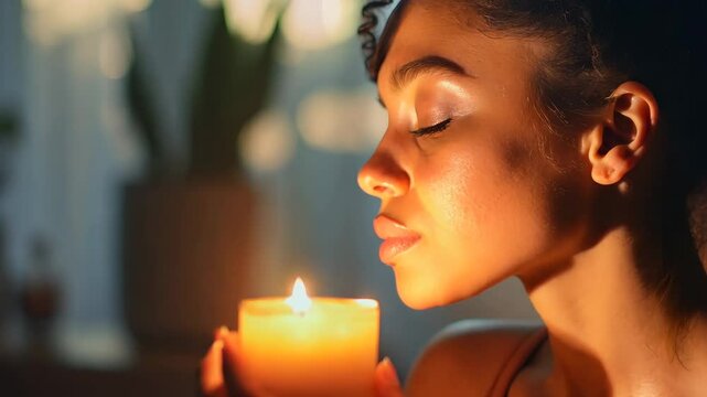 A serene and intimate portrait of individuals holding a glowing candle, surrounded by warm ambient light. The peaceful atmosphere emphasizes mindfulness, relaxation, and self-reflection