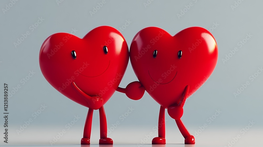 Poster two red heart-shaped characters are hugging each other. concept of love and affection