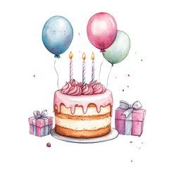 Colorful birthday cake with balloons and gifts.