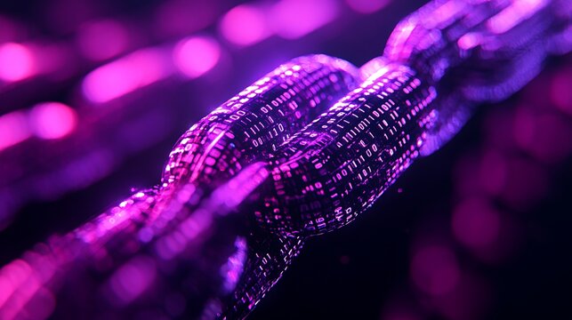 3D purple chain with binary code on a black background - Powered by Adobe