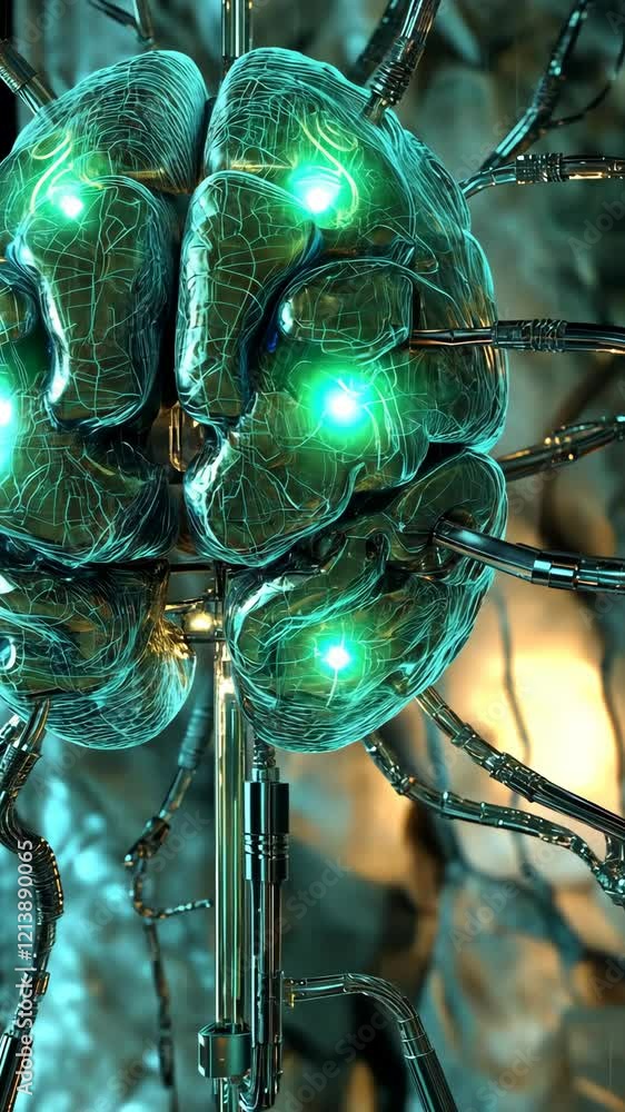 Poster futuristic neural interface showcasing a glowing brain with advanced technology in a digital environ