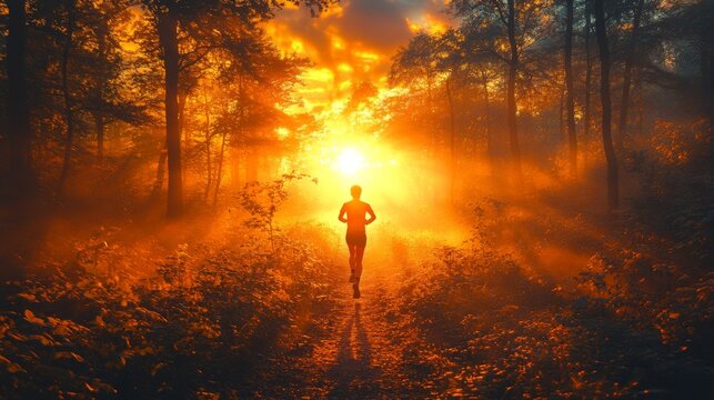 The runner strides confidently along a winding forest path as the sun rises, illuminating the surroundings with warm hues and thick mist.