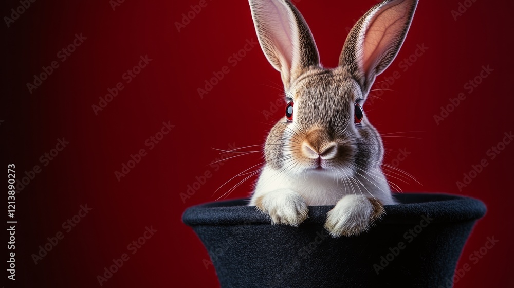 Poster a rabbit is standing inside a black hat. the rabbit is looking at the camera with a curious expressi