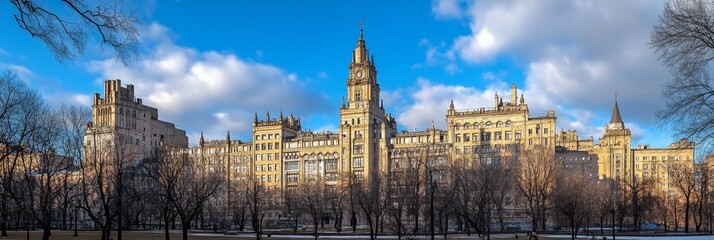 Historic University Building in Moscow, Russia. Landmark and Architectural Gem against a Blue Sky.
