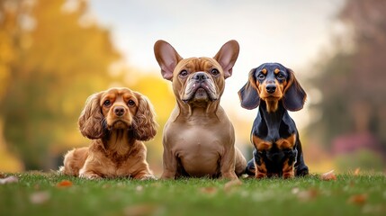 Obraz premium Three dogs are standing in a grassy field, with one of them being a bulldog. The dogs are all different sizes and colors, with one being brown and black, another being brown and white